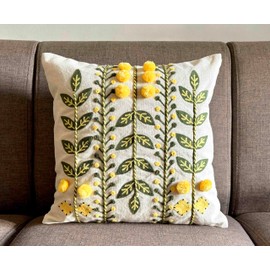 Gulaabi Ghar Decorative Embroidered Pillow Cover 16 x 16 inches Crewel Work, Pom poms, Dori Work Luxury Home Decor for Couch, Sofa, Bed