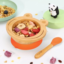 Vinsani Frog Bamboo Bowl and Spoon Set for Baby/Toddler, Frog Shaped Suction Bowl, Stay-Put Design, Hypoallergenic and BPA-Free (Orange)