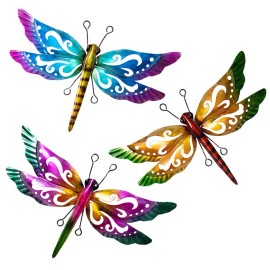 dreamskip Dragonfly Garden Decor, 3 Pack Colorful Metal Dragonfly Wall Decor, Outdoor D...