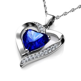 DEPHINI Blue Necklace with Heart Pendant 925 Silver with White Zirconia and Blue Birthstone Decorated with Zirconia Crystal for Women, 45 cm Long Chain + Jewellery Box, Sterling Silver