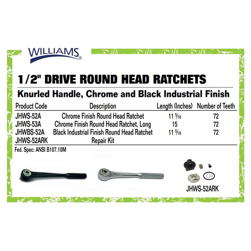 Williams JHWS-52A 1/2-Inch Drive Round Head Ratchet with Chrome Finish,