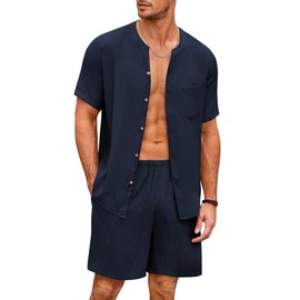 Ekouaer Men's Pajamas 2 Piece Lounge Sets Button Down Shorts Set Outfits Tracksuits with Pockets, Navy Blue, S