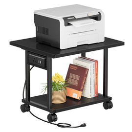 Asgolion 2-Tier Under Desk Printer Stand with Charging Station, Wheels, Space-Saving, Sturdy, Easy Assembly, Black