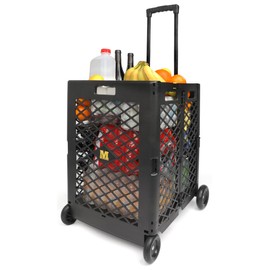 MaxWorks Foldable Rolling Utility Cart, Collapsible Hand Dolly with Telescoping Handle, 70 lbs Capacity, Lightweight Plastic Storage Crate, 16.5" x 15" x 39", No Assembly Needed