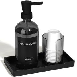 TOLDATLI Mouthwash Dispenser for Bathroom, Clear Black Glass Mouth Wash Pump Dispenser with Cup Holder, 17 Fl Oz Mouthwash Bottle Decanter with Tray, Refillable Mouthwash Dispenser Container