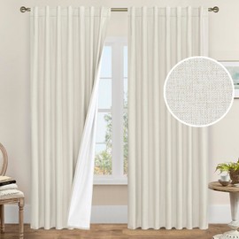 LAMIT Natural 100% Blackout Linen Curtains, 84 Inches Linen Textured Thermal Bedroom Curtains Back Tab and Rod Pocket Neutral Panels with White Liner for Farmhouse, 2 Panels, 60 x 84 Inch, Ivory