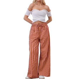 AIHUKOCY Women Drawstring Stripe Wide Leg Casual Trousers Striped Low Rise Casual Loose Lounge Pants with Pockets Red