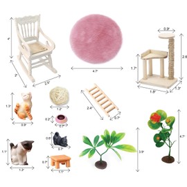 QuarenDen Garden Miniatures, 14 Pcs Cat Figurines, Mini Wooden Rocking Chairs, Dollhouse Accessories Perfect Indoor Home Decorations and Gifts