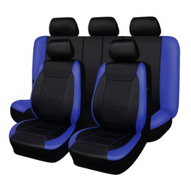 Flying Banner car seat Covers Protects Water Proof Faux Leather Carbon Fiber Front and Rear Bench (Blue Black, Full Set - 9PCS)