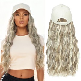 AliRobam Synthetic Wig Hat with Natural Wave hair Extensions attached for woman Baseball cap wig mix blonde white curly wavy Hairstyle Adjustable Beige Hat Wig (MiFAB, 22inch)