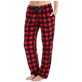 PajamaMania Women's Fleece Pajama Pants with Satin Drawstring, Red and Black Buffalo Plaid, Small