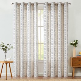 COLLACT Boho Curtains for Living Room Linen Curtains 84 Inches Long Blue Geometric Striped Patterned Curtains Farmhouse Rustic Drapes Light Filtering Grommet Window Treatments 2 Panels Blue on Beige