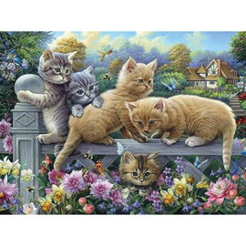 Bits and Pieces - 500 Piece Jigsaw Puzzle for Adults 18" x 24" - Kittens On A Fence - 500 pc Cat Flower Pet Garden Bloom Spring Jigsaw by Artist Oleg Gavrilov