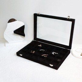 Wudygirl Jewelry Organizer 24 Grid Jewelry Tray with Clear Lid Velvet Jewelry Box Earrings Holder Organizer Jewelry Display Case (Black 24 Grid)