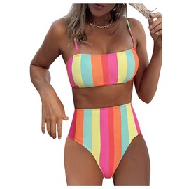 SOLY HUX Women's Bathing Suits Striped Spaghetti Strap High Waisted Bikini Sets Two Piece Swimsuit Multicoloured Striped Small