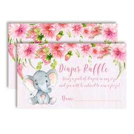 Amanda Creation Watercolor Dahlia Floral Elephant Diaper Raffle Tickets for Girl Baby Showers, 20 2" X 3” Double Sided Inserts, Bring a Pack of Diapers to Win Favors & Prizes!