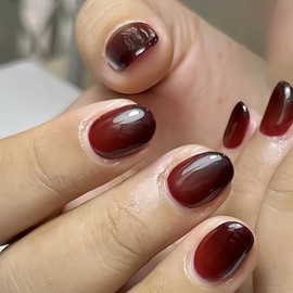 SXVME Uñas postizas francesas rojas y negras, cortas, ovaladas y redondas, con pegamento, uñas postizas cortas con degradado, uñas postizas acrílicas 