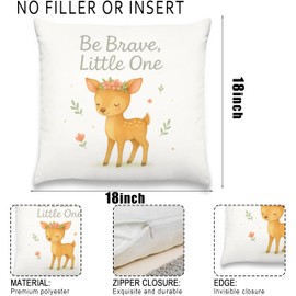 Woodland Fawn “Be Brave Little One” Throw Pillow Covers Decor Gifts for Kids, Watercolor Motivational Decorative Pillows Covers for Nursery Couch Sofa Playroom, Deer Floral 18x18 Pillow Cover Case