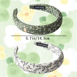 4 Pack Vintage Floral Headbands Fashion Padded Flower Head Band Non Slip Wide Headdress Green Leaves Plastic Headpiece Trendy Grace Hair Accessories Printed Decorate for Women Girls （Green, White）