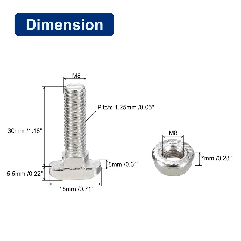 sourcing map M8x30mm T Slot Drop-in Bolt and M8 Hexagon