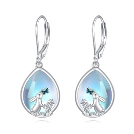 DAYLINLOVE Rabbit Earrings S925 Sterling Silver Rabbit Leverback Earrings Dangle Drop Rabbit Jewellery Gifts for Women Girls, Sterling Silver, No Gemstone