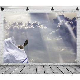 CORFOTO 7x5ft Fabric Jewish Man Blowing Shofar Horn Backdrop White Tallit Man Rosh Hashanah White Cloud Background for Photography Judaism New Year Supplies Photoshoot Booth Studio Props