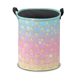 Laundry Hamper,Mermaid Laundry Basket,Pink Gold Glitter Portable Collapsible Clothes Blanket Basket Storage for Dorm Room,Nursery,Bathroom,16x20 Inch