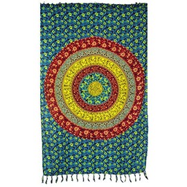 GURU SHOP Bali Sarong, Wall Hanging, Wrap Skirt, Mandala Sarong Dress, Men/Women, Green, Synthetic, Size: One Size, Turquoise/Red/Yellow