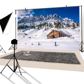 YongFoto 1.5 x 1 m Photo Background Christmas Snow Covered Landscape Mountain Wooden House Green Trees Nature Winter Photography Background Photo Shooting Portrait Photos Party Children Photo Studio