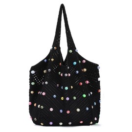 Fecialy Boho Crochet Beach Tote Bag with Coloured Beads Summer Knitted Shoulder Bag Woven Casual Organiser Handbag, black