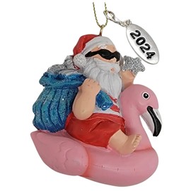 Tropical Christmas Ornaments Santa Pink Flamingo Floatie Ornament Beach with Current Year Hang Tag Comes in a Gift Box so It's Ready for Giving
