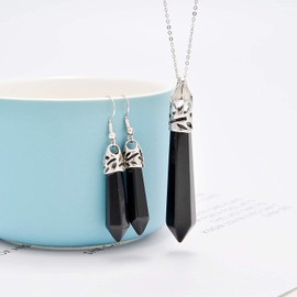 Natural Gemstones Hexagonal Pointed Reiki Chakra Pendant necklace And Earring Set (Black Agate)