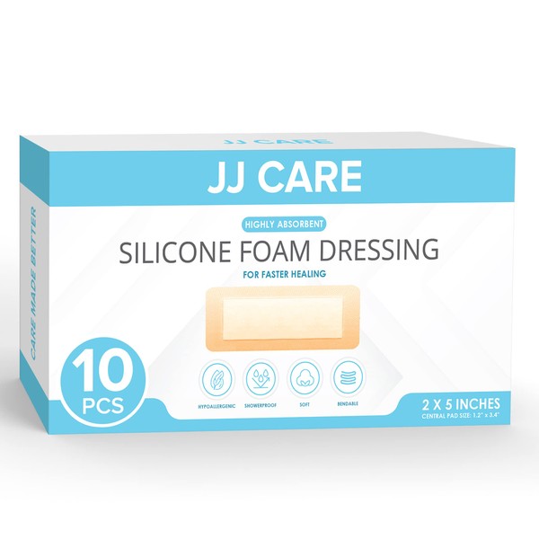 JJ CARE Silicone Foam Dressing 2x5 [Pack of 10], Silicone Bandages for Wounds, Waterproof Wound Dressing with Silicone Adhesive Border, Absorbent Bed Sore Bandages for Wound Care
