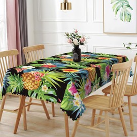 TTQYFNM 54x108inches Hawaiian Tablecloth Summer Tropical Flowers Palm Leaves Pineapple Black Table Cloth Washable Spill Proof Rectangle Table Cover for Home Kitchen Dining Room Themed Party Supplies