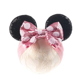 JIAHANG Baby Girl Mouse Ears Headwrap with Sequin Polka Dot Bow, Wide Velvet Turban Hairband, Hair Bow Headband for Toddler, Kids, Party Supplies (pink bow white dot HW)