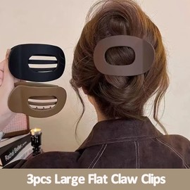 AsggBah 3pcs Large Flat Hair Claw Clips French Round Lay Down Claw Clips Strong Hold Hair Barrettes for Thick Thin Hair for Women Girls (Brown, Black, Beige)