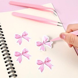 4PCS Tweezers for Crafting, Stainless Steel Sticker Tweezer Pink Straight and Curved Tip Tweezer Craft Tweezers Kit Jewelry Making Tools for DIY Sticker Crafting Eyelash Extensions Nail Art