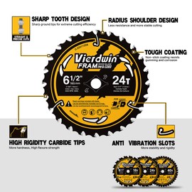 Vierdwin 6-1/2" Circular Saw Blades (18T/24T/40T Set) - 5/8" Arbor Carbide-Tipped for Wood Cutting (Softwood/Hardwood/Plywood/MDF) - Compatible with Circular & Cordless Saws