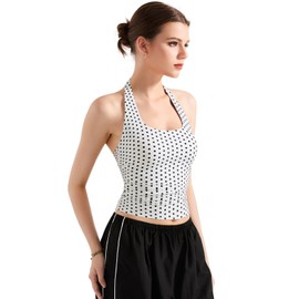 SUUKSESS Women Halter Tank Tops Double Lined Basic Backless Y2K Trendy Going Out Tops (White Polka Dots,M)