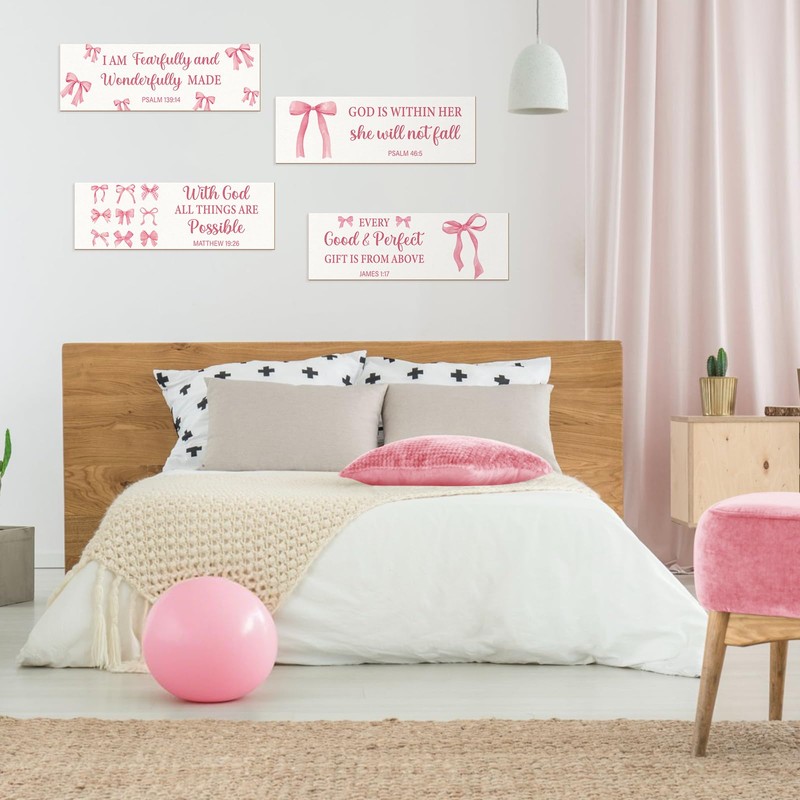 Yousoontic 4 Pcs Coquette Pink Bow Christian Wall Art Decor