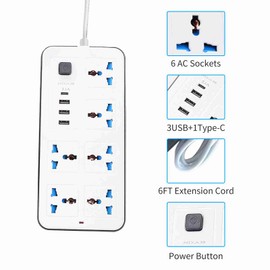 Power Strip with 6 AC Outlets 3 USB Ports 1 Type C Port 6ft Extension Cord for Home Office