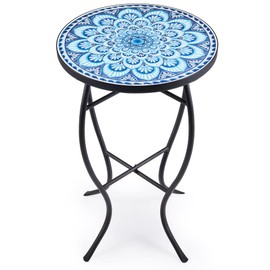 VONLUCE Mosaic Side Table and Plant Stand, 21" Round End Table with 14" Ceramic Tile Top, Indoor & Outdoor Accent Table, Porch Patio Furniture, Entryway & Coffee Table for Home & Garden, Blue Mandala