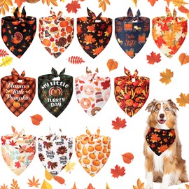 12 Pieces Thanksgiving Pet Bandana Fall Dog Bandanas Dog Fall Clothes Accessories Maple Leaf Pumpkin Patterned Autumn Pet Triangle Scarf Bibs for Large Small Dog Kerchief Cat Pet Fall Outfit Washable
