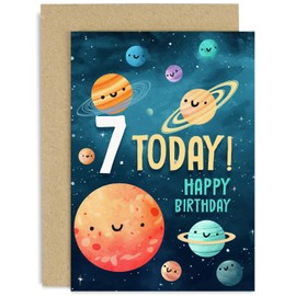 Old English Co. Seventh Birthday Card for Boys and Girls - Happy 7th Birthday - Age 7 - Seven Years Old - Cute Space Planets Themed Birthday Card for Daughter, Son, Grandaughter, Grandson
