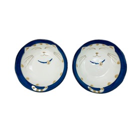 JapanBargain 2562, Japanese Porcelain Soup Bowls Shallow Bowl for Cereal Rice Salad Appetizer and Dessert, Blue Color Maneki Neko Smiling Lucky Cat Pattern, Made in Japan, 6-1/2 inch, Pack of 2