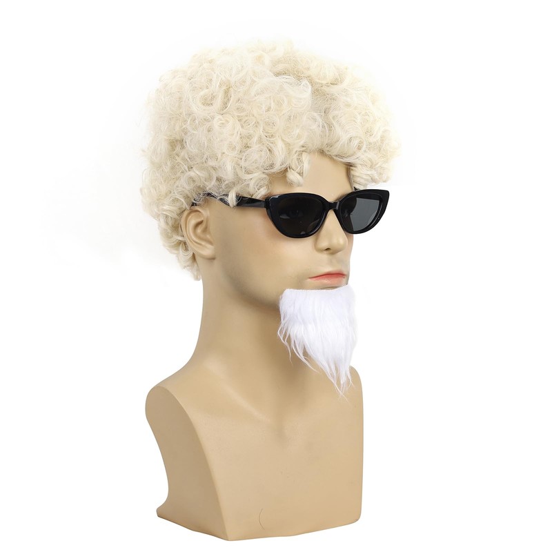 ATAYOU Mens Blonde Curly Wig with Goatee Beard and Glasses