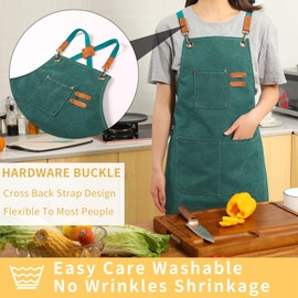 Tosewever Canvas Cross Back Chef Cotton Aprons for Men Women with Large Pockets (Green)