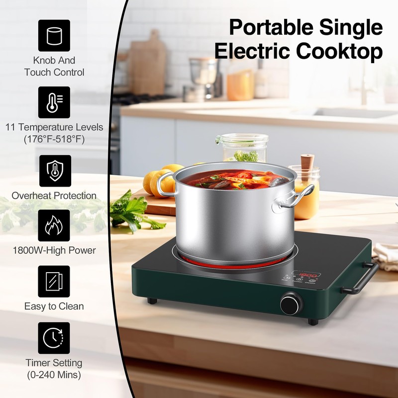 VBGK Electric Cooktop, 1800W Single Burner Induction Cooktop with 9