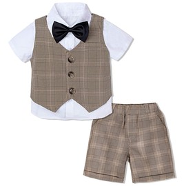 mintgreen Baby Boy Suit Clothes, Wedding Christening Outfit Waistcoat Set, Khaki Plaid, 4-5 Years, 120