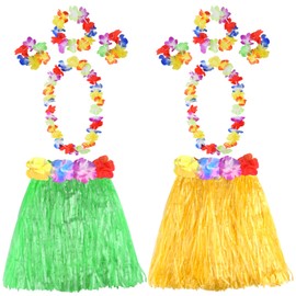 ASTARON 2 Sets Hula Skirt Costume Accessories with Hawaiian Leis Grass Skirts for Kids Hawaiian Birthday Party Supplies